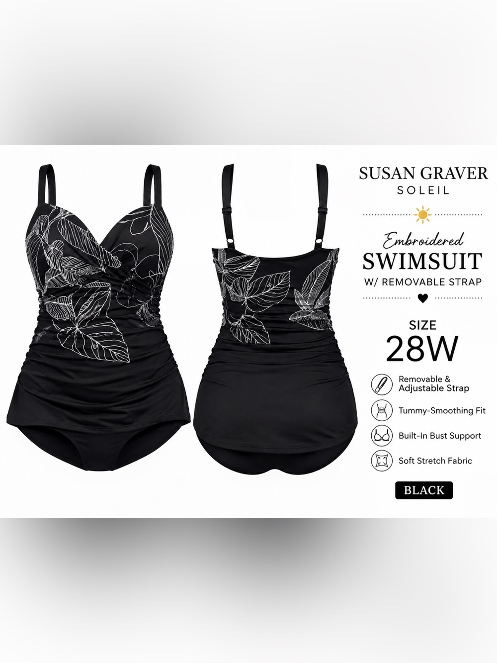 Susan Graver Soleil Women’s One-Piece Swimsuit Black Floral 28W Removable Strap